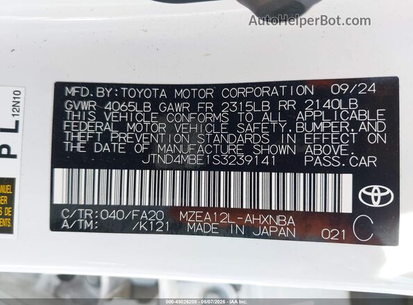 JTND4MBE1S3239141 2025 TOYOTA LL White 