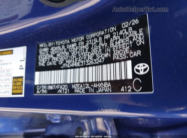 JTND4MBE3T3263247 2026 TOYOTA COROLLA Blue Vista del compartimento del motor