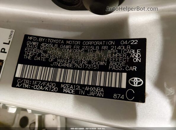 JTND4MBE7N3173151 2022 TOYOTA COROLLA Silver Vista del compartimento del motor