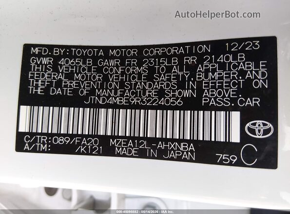 JTND4MBE9R3224056 2024 TOYOTA LL White Вид підкапотного простору