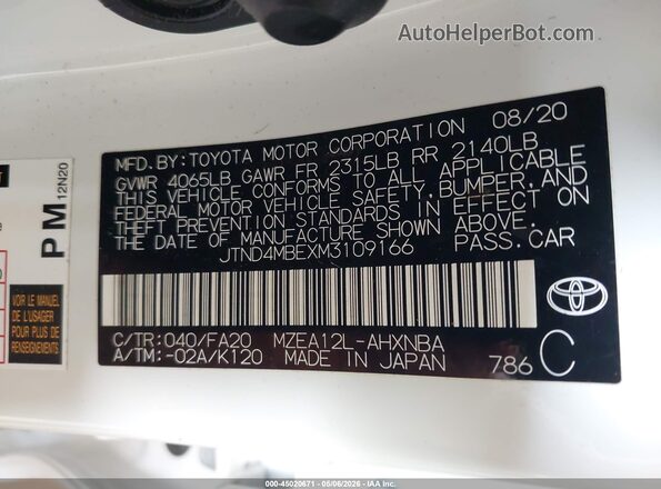 JTND4MBEXM3109166 2021 TOYOTA LL White Vista del compartimento del motor