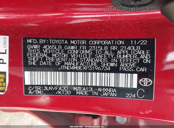 JTND4MBEXP3196734 2023 TOYOTA COROLLA Red Vista del compartimento del motor