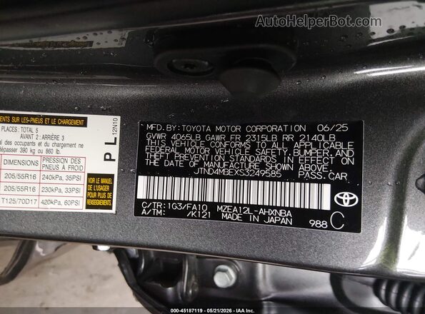 JTND4MBEXS3249585 2025 TOYOTA COROLLA Gray Widok komory silnika