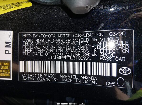 JTND4RBE0L3100925 2020 TOYOTA COROLLA Black ძრავის განყოფილების ხედი