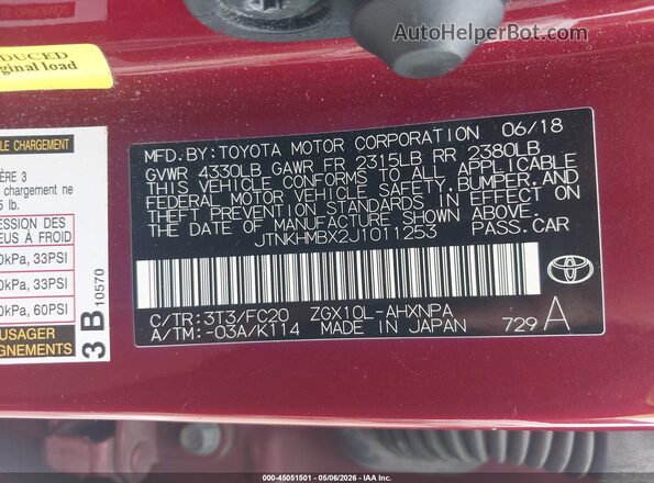 JTNKHMBX2J1011253 2018 TOYOTA LE Red Շարժիչի բաժամունքի տեսք