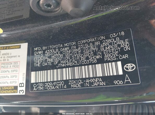 JTNKHMBX3J1003758 2018 TOYOTA LE Черный 