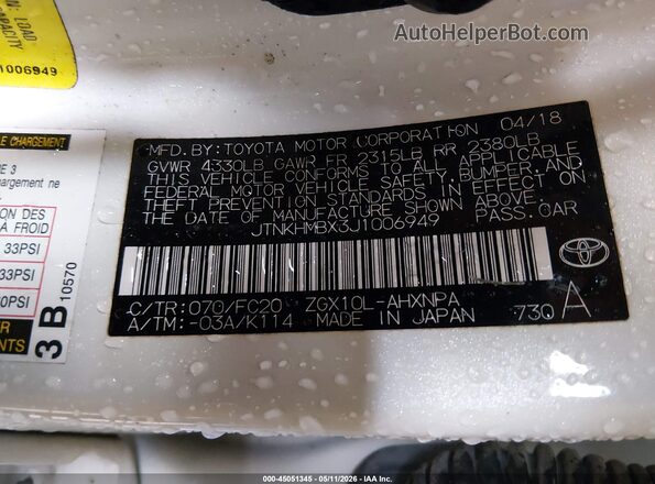 JTNKHMBX3J1006949 2018 TOYOTA LE Белый Вид подкапотного пространства