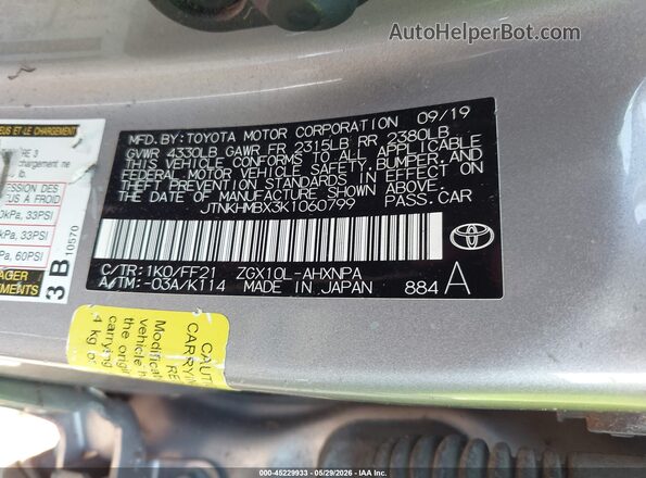 JTNKHMBX3K1060799 2019 TOYOTA C-HR Silver Vista del compartimento del motor