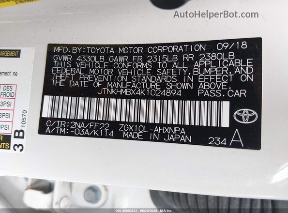 JTNKHMBX4K1024894 2019 TOYOTA C-HR White ძრავის განყოფილების ხედი