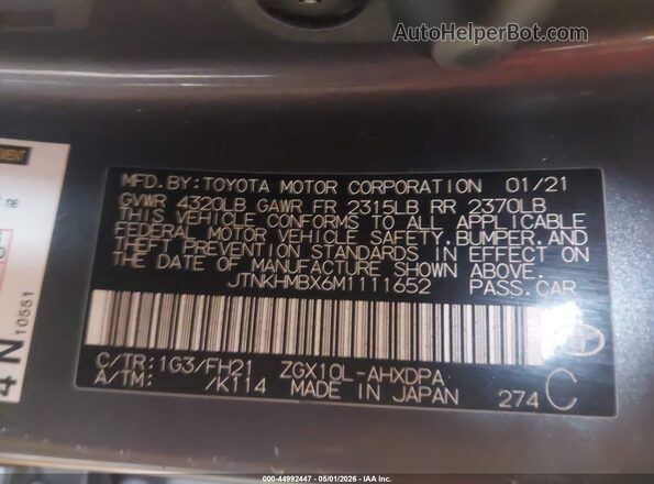 JTNKHMBX6M1111652 2021 TOYOTA LE Gray Շարժիչի բաժամունքի տեսք