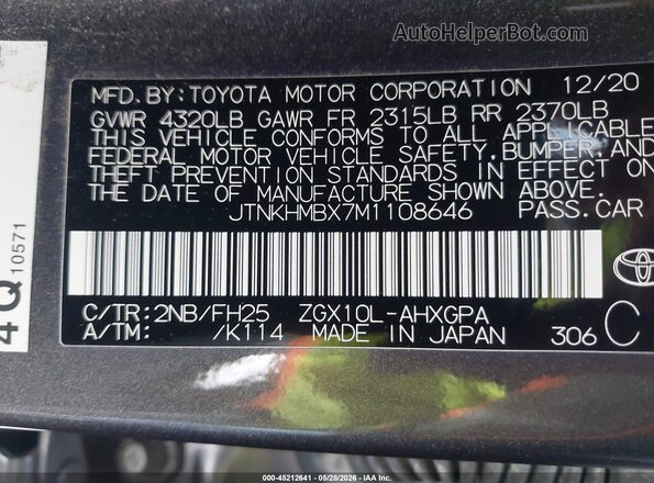 JTNKHMBX7M1108646 2021 TOYOTA C-HR Gray 