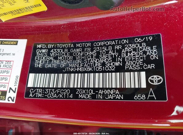 JTNKHMBX8K1051032 2019 TOYOTA C-HR Red 
