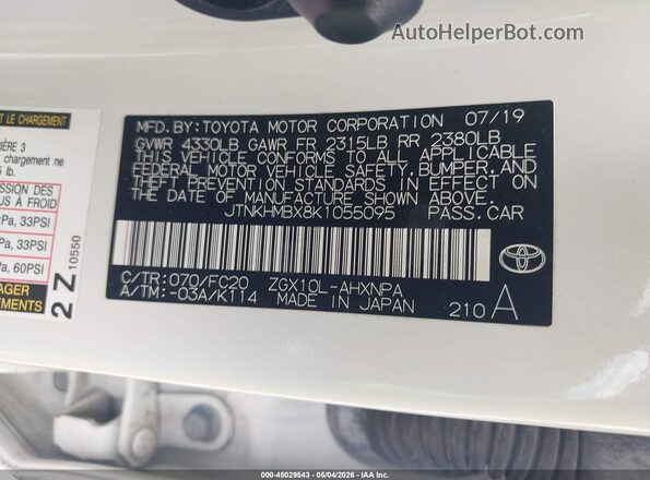 JTNKHMBX8K1055095 2019 TOYOTA LE White Вид підкапотного простору