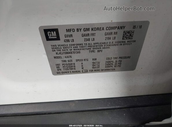 KL4CJ1SB6KB701349 2019 BUICK ENCORE White Engine compartment view