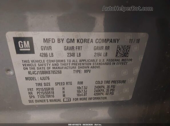 KL4CJ1SB8KB785268 2019 BUICK ENCORE Gray Vista del compartimento del motor