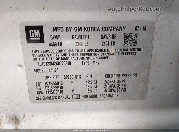 KL4CJ2SM2KB723310 2019 BUICK ENCORE Silver Engine compartment view
