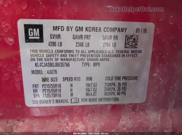 KL4CJASB0JB635766 2018 BUICK ENCORE Red Engine compartment view