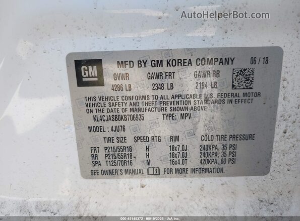 KL4CJASB0KB706935 2019 BUICK ENCORE White ძრავის განყოფილების ხედი