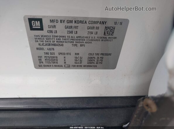 KL4CJASB1HB042640 2017 BUICK ENCORE White ძრავის განყოფილების ხედი