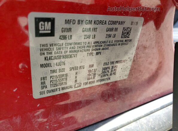 KL4CJASB1KB836741 2019 BUICK ENCORE Red VIN კოდის სტიკერის ხედი