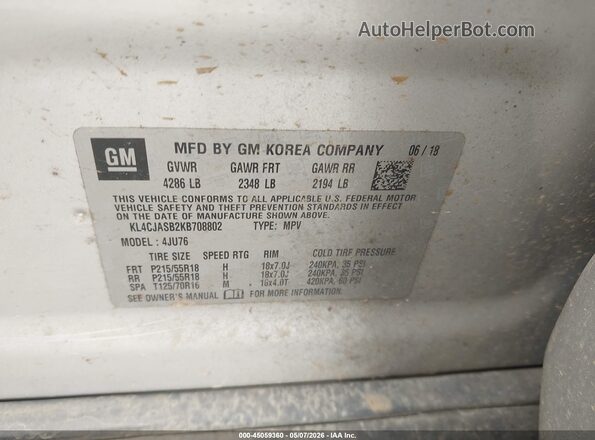 KL4CJASB2KB708802 2019 BUICK ENCORE Silver Вид підкапотного простору