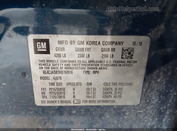 KL4CJASB2KB760916 2019 BUICK ENCORE Blue Engine compartment view