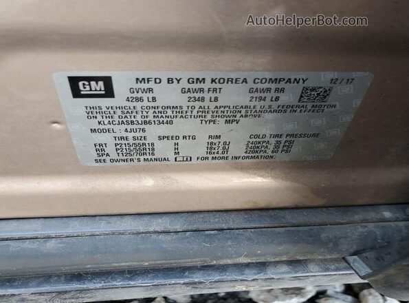 KL4CJASB3JB613440 2018 BUICK ENCORE Brown Vista de la etiqueta del VIN