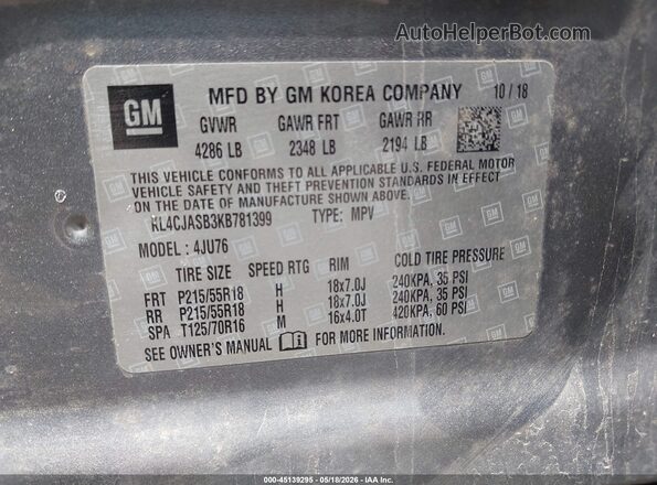 KL4CJASB3KB781399 2019 BUICK ENCORE Gray Вид підкапотного простору