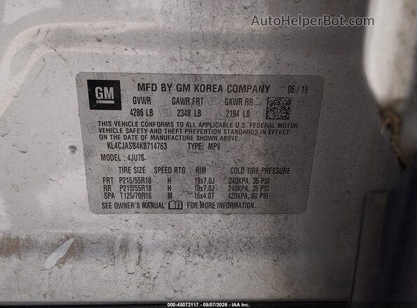 KL4CJASB4KB714763 2019 BUICK ENCORE Silver Widok komory silnika