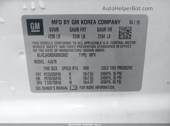 KL4CJASB5KB903602 2019 BUICK ENCORE White Вид підкапотного простору
