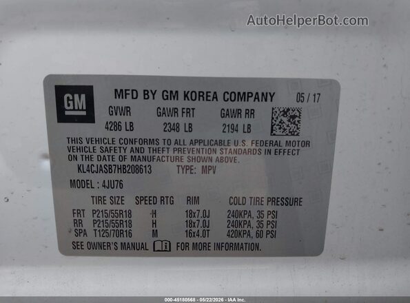 KL4CJASB7HB208613 2017 BUICK ENCORE White Շարժիչի բաժամունքի տեսք