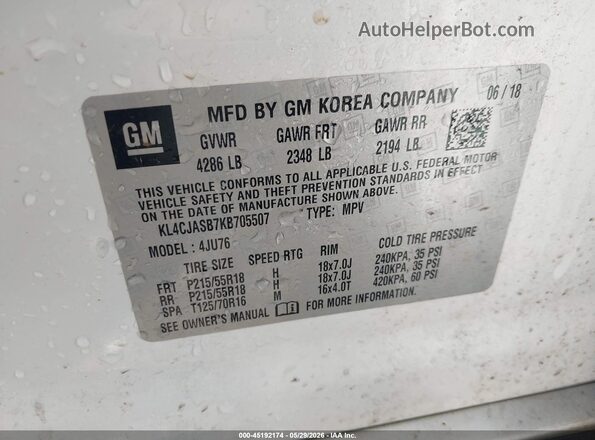 KL4CJASB7KB705507 2019 BUICK ENCORE White ძრავის განყოფილების ხედი