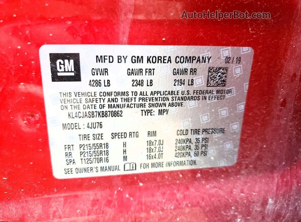 KL4CJASB7KB870862 2019 BUICK ENCORE Red Панорамний вид салону 360°
