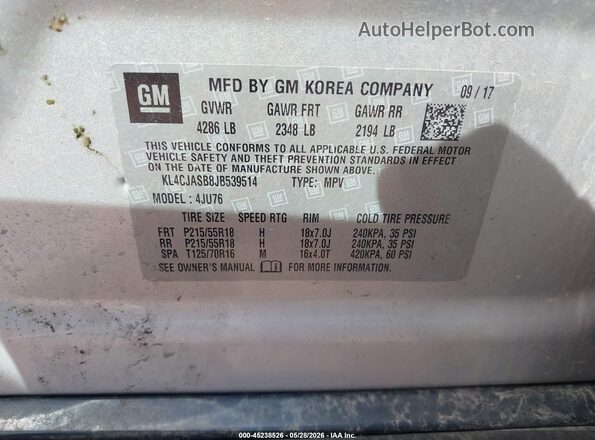 KL4CJASB8JB539514 2018 BUICK ENCORE Silver ძრავის განყოფილების ხედი