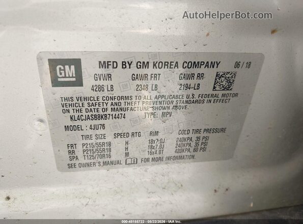 KL4CJASB8KB714474 2019 BUICK ENCORE Silver ძრავის განყოფილების ხედი