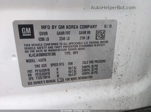 KL4CJASB8KB781396 2019 BUICK ENCORE White Engine compartment view