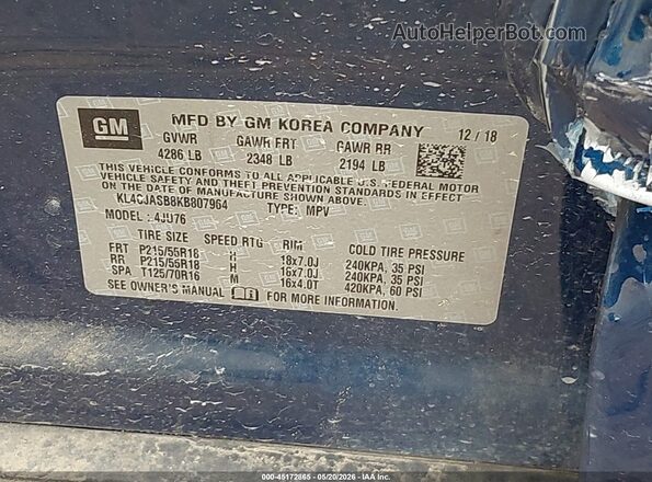 KL4CJASB8KB807964 2019 BUICK ENCORE Blue ძრავის განყოფილების ხედი