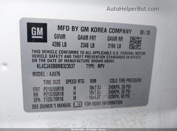 KL4CJASB8MB323537 2021 BUICK ENCORE White Vista del compartimento del motor