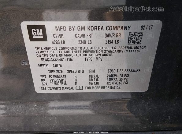 KL4CJASB9HB151167 2017 BUICK ENCORE Gray 