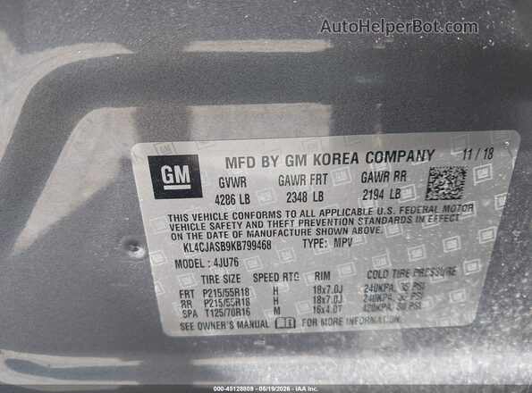 KL4CJASB9KB799468 2019 BUICK ENCORE Gray ძრავის განყოფილების ხედი