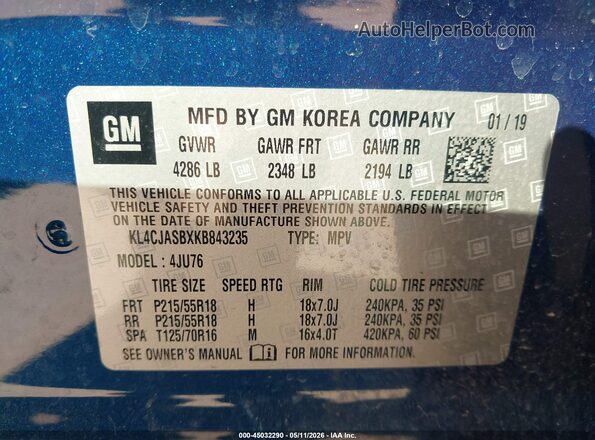 KL4CJASBXKB843235 2019 BUICK ENCORE Синий Вид подкапотного пространства