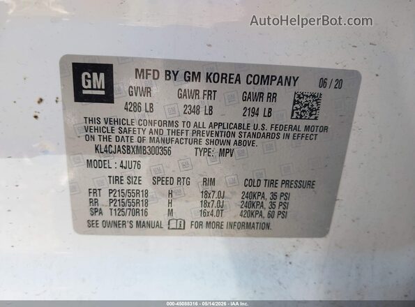 KL4CJASBXMB300356 2021 BUICK ENCORE White Vista del compartimento del motor