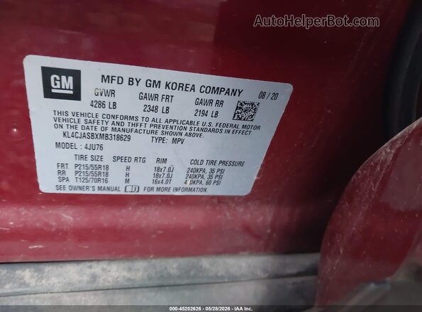 KL4CJASBXMB318629 2021 BUICK ENCORE Red Вид підкапотного простору
