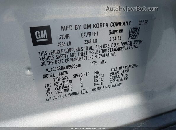 KL4CJASMXNB525640 2022 BUICK ENCORE Silver 