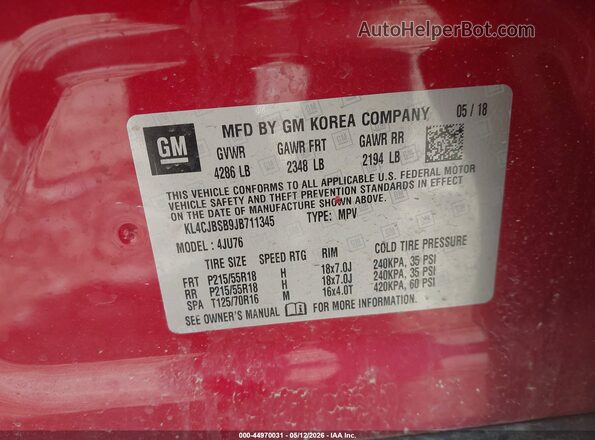KL4CJBSB9JB711345 2018 BUICK ENCORE Red Vista del compartimento del motor