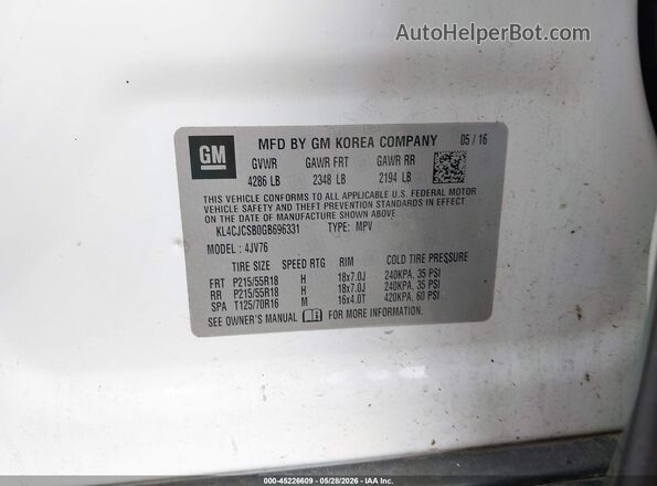 KL4CJCSB0GB696331 2016 BUICK ENCORE White ძრავის განყოფილების ხედი
