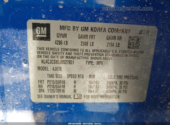 KL4CJCSB5JB527851 2018 BUICK ENCORE Blue Շարժիչի բաժամունքի տեսք