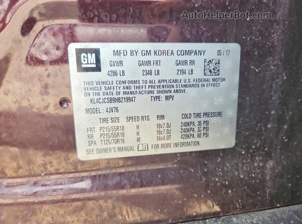 KL4CJCSB9HB219947 2017 BUICK ENCORE Burgundy Вид наклейки з VIN-кодом