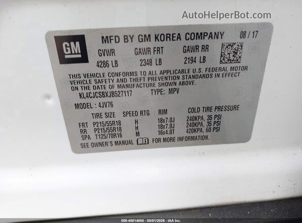 KL4CJCSBXJB527117 2018 BUICK ENCORE White Շարժիչի բաժամունքի տեսք