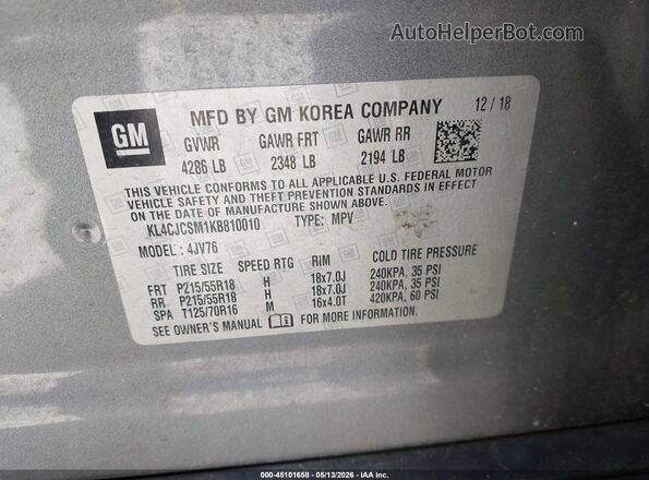 KL4CJCSM1KB810010 2019 BUICK ENCORE Silver Widok komory silnika